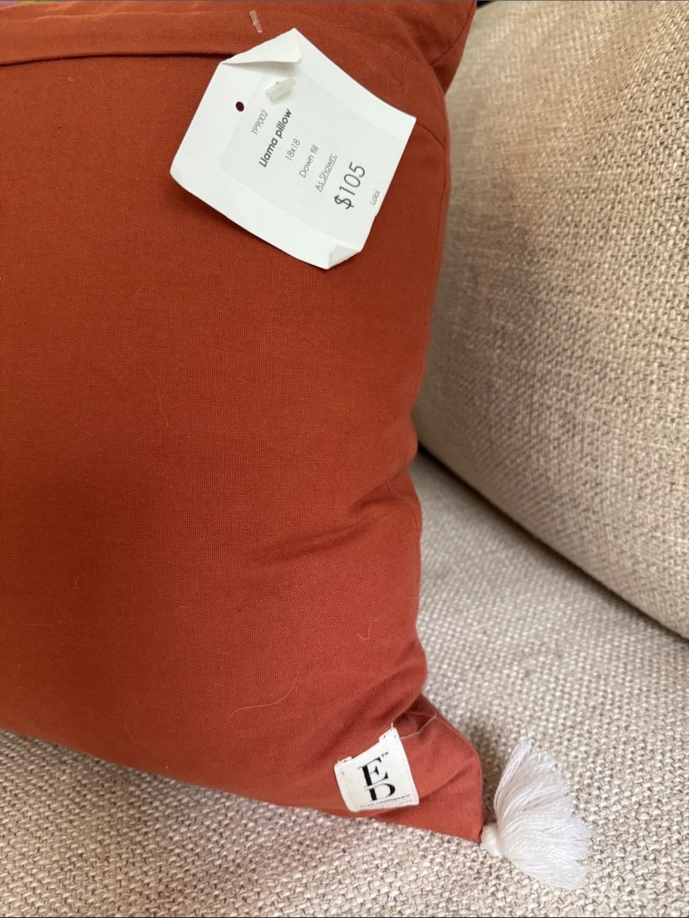 Ellen Degeneres Rust Orange Pillow with White Llama Rope Design